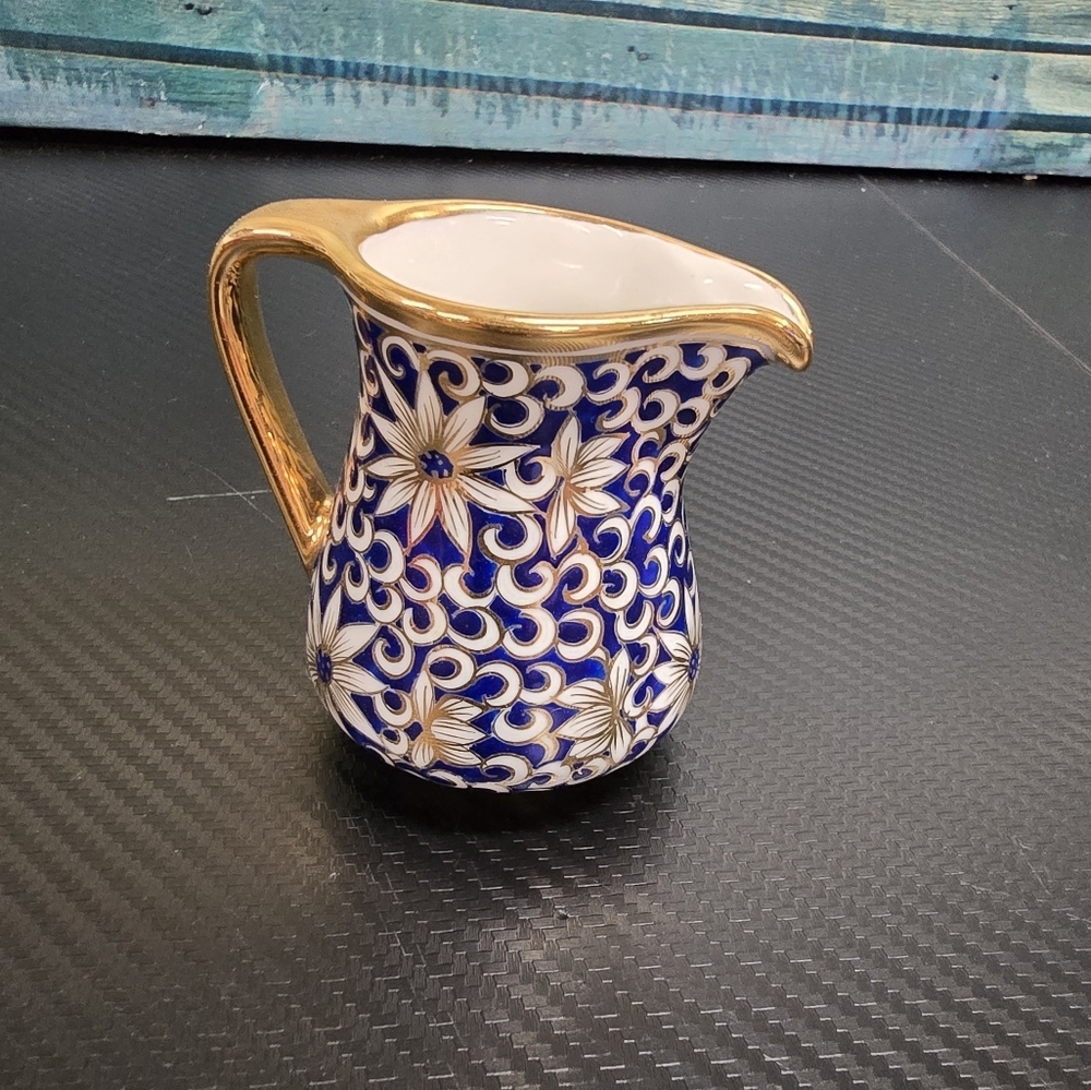 Elegant Blue and Gold Floral Mini Pitcher